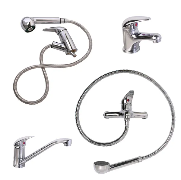 Set Sanitary Taps Shower Heads Closeup Isolated White — Stock Photo, Image