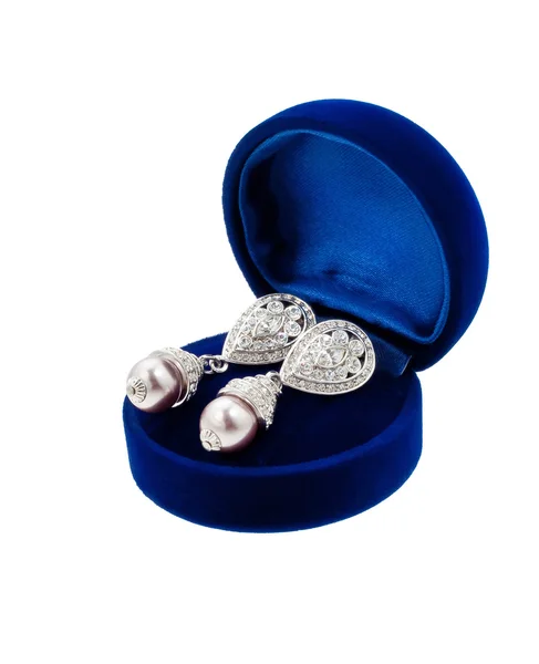 Pearl Earring Diamonds Blue Present Box Isolated — Stock Photo, Image