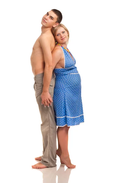 Schwangere Mit Ihrem Mann Rücken Rücken Studiodreh Auf Weiß — Stockfoto