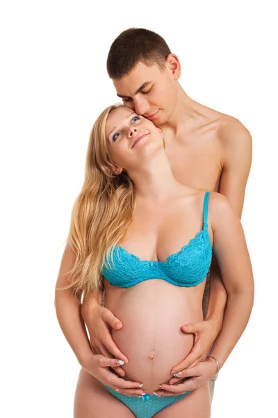 Pregnant Woman Her Husband Just Happy Together Studio Shoot White — Stock Photo, Image