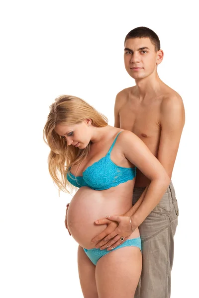 Pregnant Woman Lookinh Her Belly Studio Shoot White — Stock Photo, Image