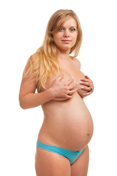 Schöne Schwangere Frau Stehend Nahaufnahme Studiodreh Auf Weiß — Stockfoto