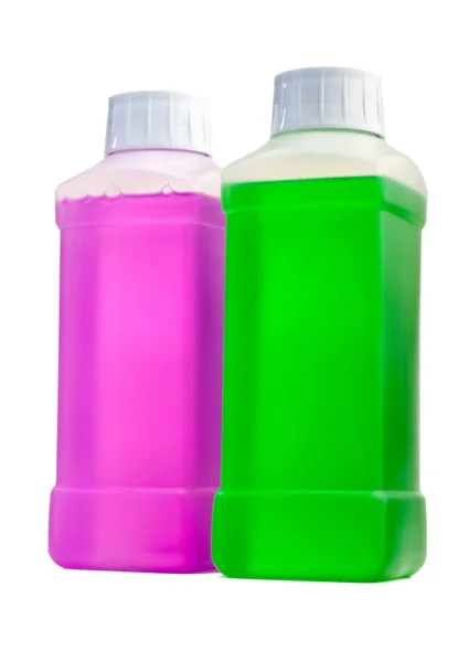 Twee Transparante Plastic Flessen Met Kleur Schoonmaak Vloeistof Staande Één — Stockfoto
