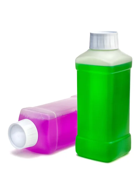 Twee Transparante Plastic Flessen Met Kleur Schoonmaak Vloeistof Een Staande — Stockfoto
