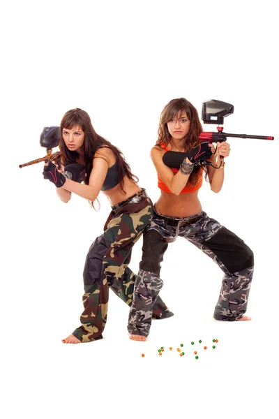 Duas Meninas Bonitas Posando Como Jogar Paintball — Fotografia de Stock