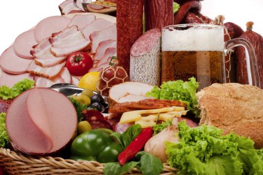 A composition of meat and vegetables with beer clipart