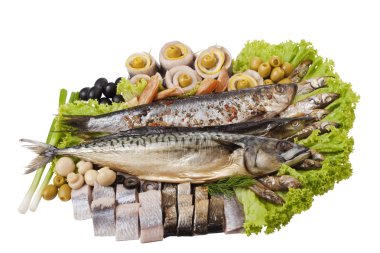 A fish set with herring, mackerel, clupea and vegetables isolated on white. File includes clipping path for easy background removing. clipart