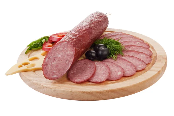 Sliced Sausage Vegetables Wooden Plate Isolated — Stock Photo, Image