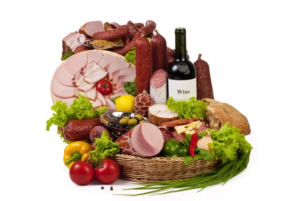 A composition of meat and vegetables with wine — Stock Photo, Image