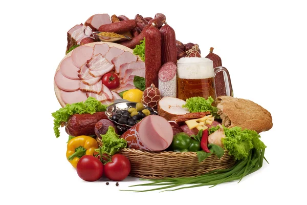A kompozíció, hús és zöldség, sör — Stock Fotó