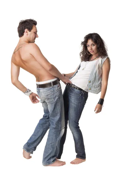 Young Man Girl Grab Each Other Belt — Stock Photo, Image