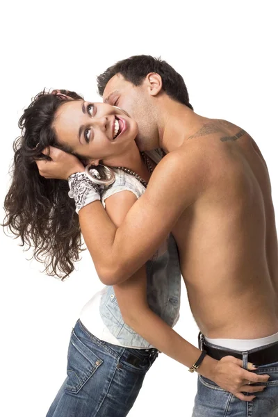 Homem Beijando Sua Namorada Pescoço — Fotografia de Stock