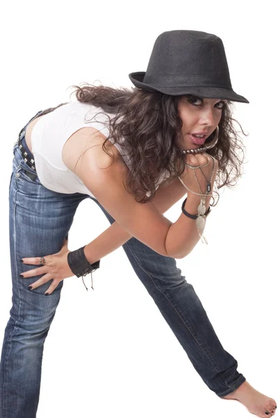 Young Brunette Girl Posing Photo Funny Position — Stock Photo, Image