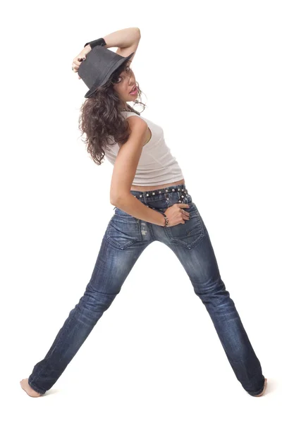 Young Brunette Girl Posing Back Touching Hat — Stock Photo, Image