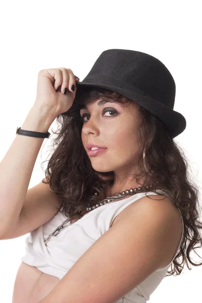 Genç Esmer Kız Kamera Için Poz Şapkasını Dokunmatik Yapmak — Stok fotoğraf
