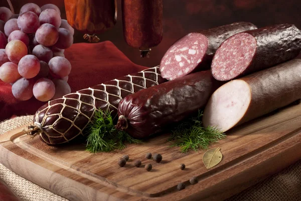 Composition Different Sorts Sausages Dark Background — Stock Photo, Image