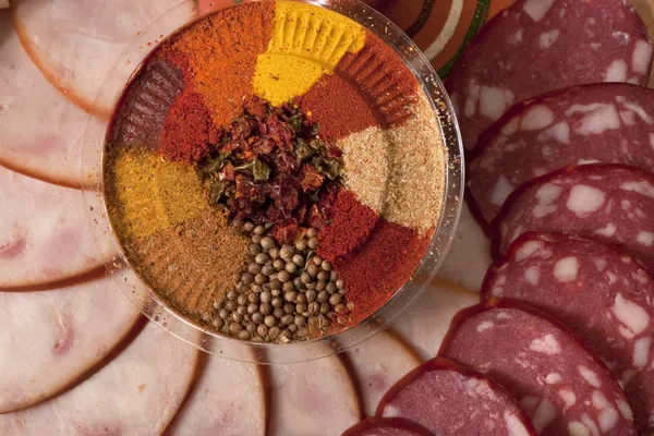 Composition Sliced Sausage Condiments — Stock Photo, Image
