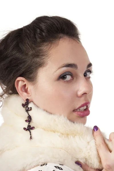 Girl Classic Dress Fur Posing Camera — Stock Photo, Image