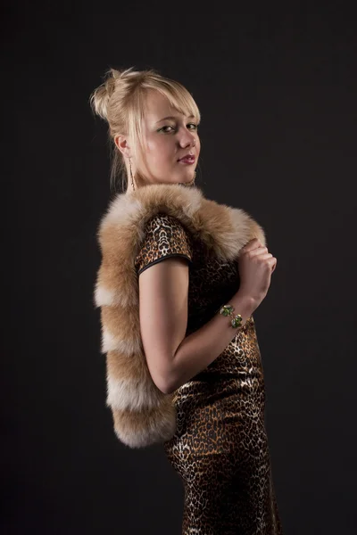 Girl Classic Dress Fur Posing Camera — Stock Photo, Image