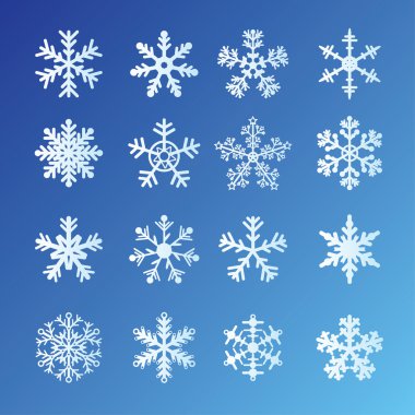 16 Snowflakes Set On Blue Background. Easy to edit vector. clipart