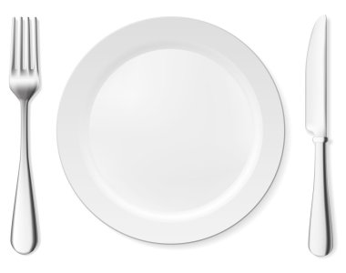 Dinner plate, knife and fork. Vector objects collection. clipart