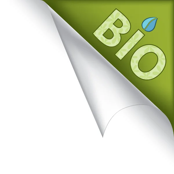 Znak Zwinięte Rogu Biała Strona Bio Zielono — Wektor stockowy