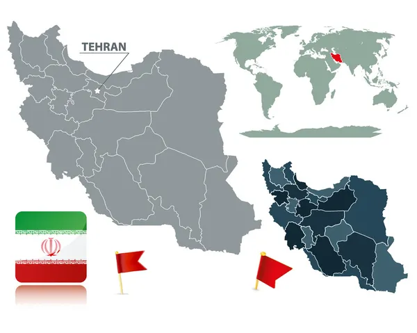 Set Iran Maps Red Flag Pins Flag Icon Cartography Collection — Stok Vektör