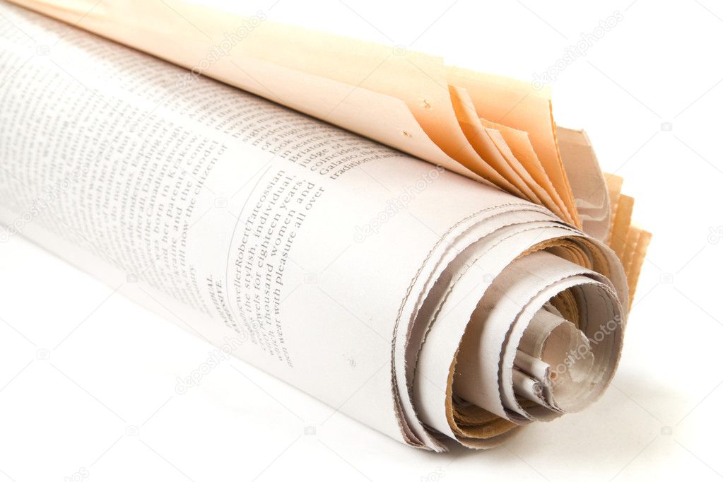 Roll of newspaper on white background