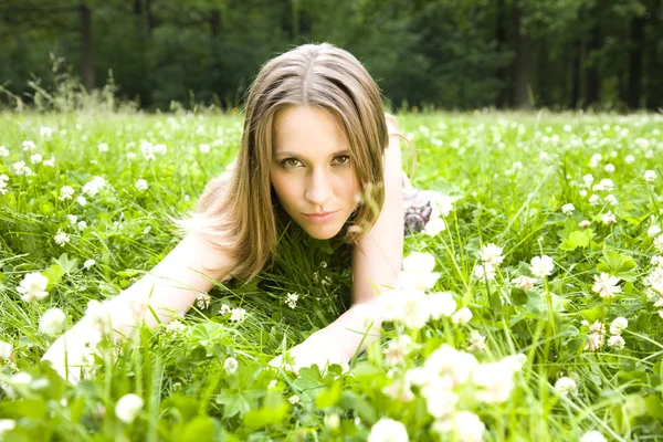 Mujer sexy acostada en la hierba — Foto de Stock