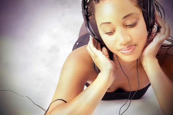 Young Female Listens Music Her Headphones Grain Texture Added — Stock Photo, Image