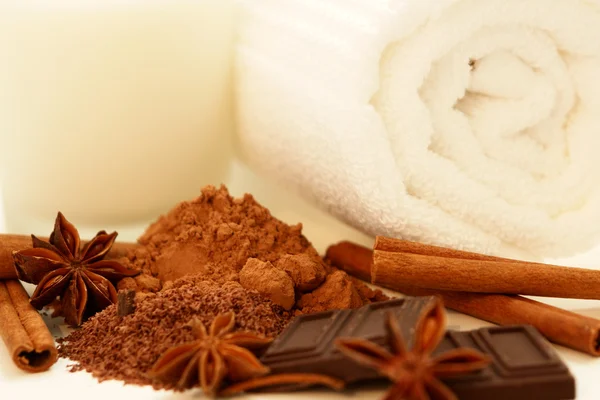 Spa Treatment Array Ground Cocoa Dark Chocolate Star Anise Cinnamon — Stock Photo, Image