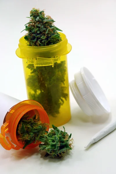Pill Jars Filled Marijuana Represents Medical Marijuana Prescription — Stock Photo, Image