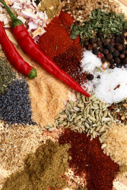 A colorful heap of various herbs and spices. clipart