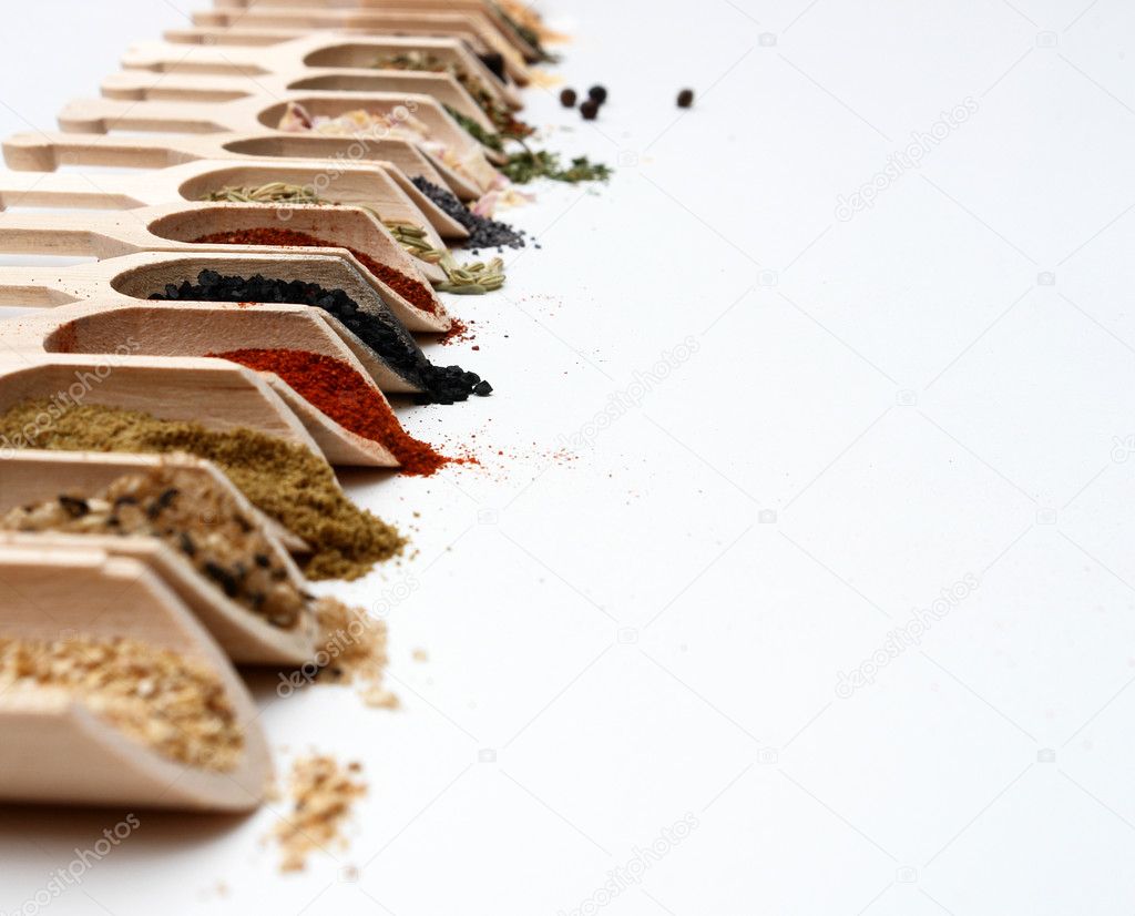Angled closeup and selective focus of various spices in wood scoops with room for copy.