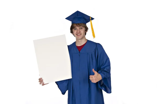 Graduado Adolescente Sosteniendo Cartel Blanco Una Mano También Dando Pulgares — Foto de Stock