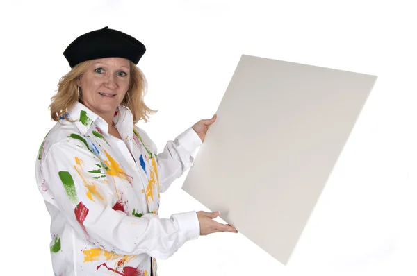 Kvinna i hatt hålla affisch styrelse — Stockfoto