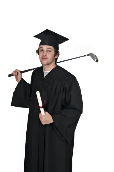 持有文凭和高尔夫俱乐部的黑色长袍的少年 — 图库照片