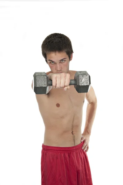 Fitter Teenager Mit Gewicht Vor Sich Auf Weißem Hintergrund — Stockfoto