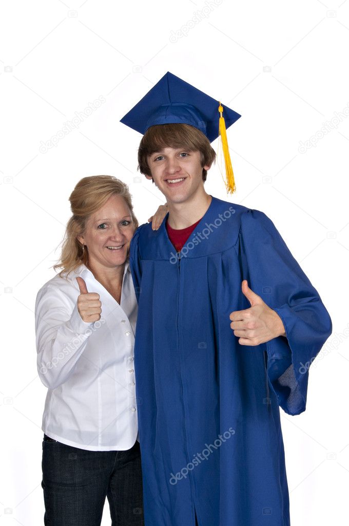 Proud mom with son in blue graduation gown both giving thumbs up on white background