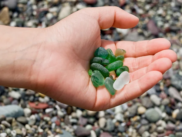 Eine Kleine Hand Sammelt Grüne Steine Strand — Stockfoto