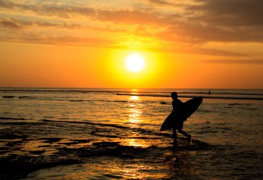 A surfer walking on the beach at sunset clipart