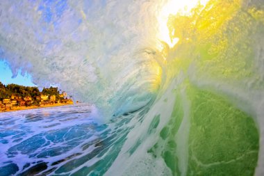 View from the inside of a yellowed white washed sunset barrel clipart