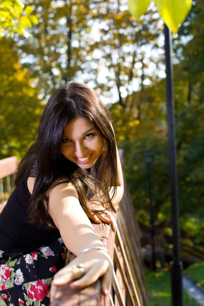 秋の公園で美容女性橋の上に立つ — ストック写真