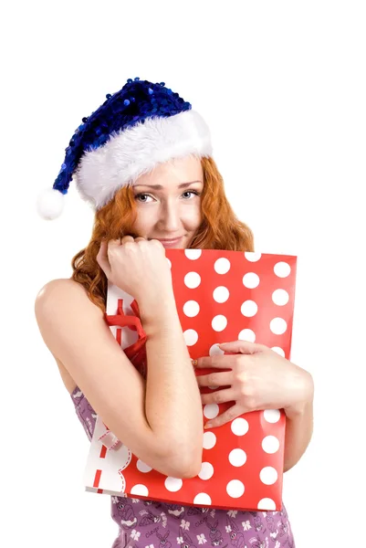 Red girl with present bag — Stock Photo, Image