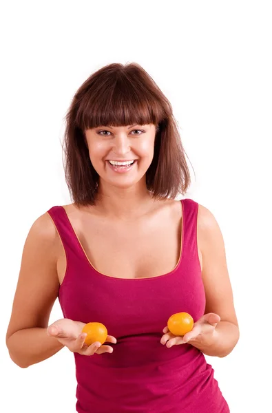 Young Woman Gorgeous Breast Small Tangerine — Stock Photo, Image