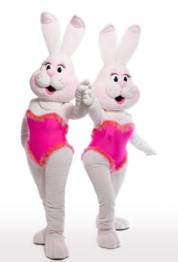 Two bunny girl mascot costume posing on white clipart