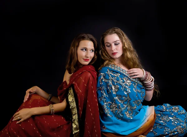 Two Young Beauty Girl Indian Costume Relax Scene — Stock Photo, Image