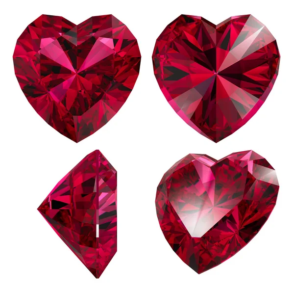 Ρουμπίνι Κόκκινο Καρδιά Σχήμα Απομονωμένες Διαφορετικές Απόψεις — Φωτογραφία Αρχείου