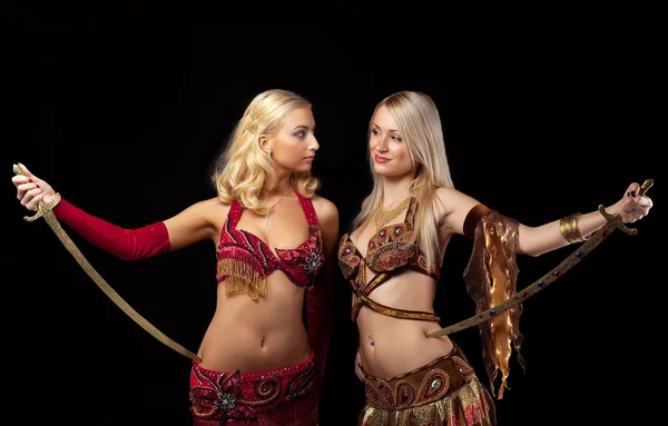 Two blond beauty girl stand with saber — Stock Photo, Image