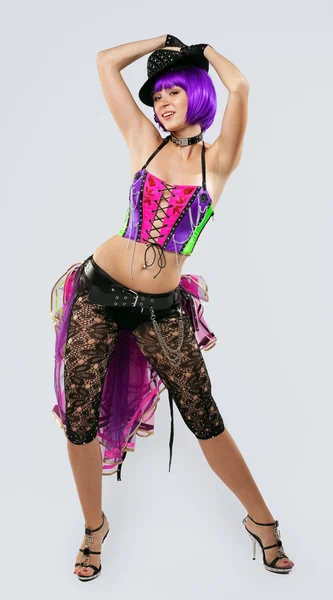 Blond Disco Menina Dança Chapéu Espartilho Cor — Fotografia de Stock
